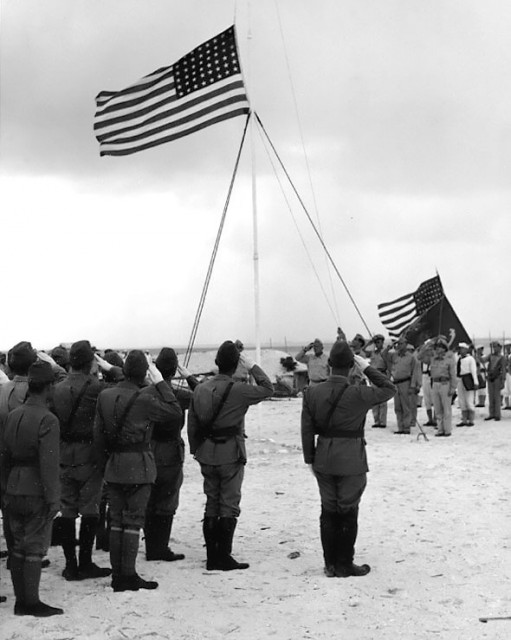 The formal surrender of the Japanese garrison on Wake Island - September 4, 1945. Shigematsu Sakaibara is the officer in the right-foreground.