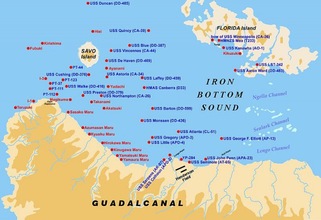 Ironbottom Sound with the positions of known sunken ships.