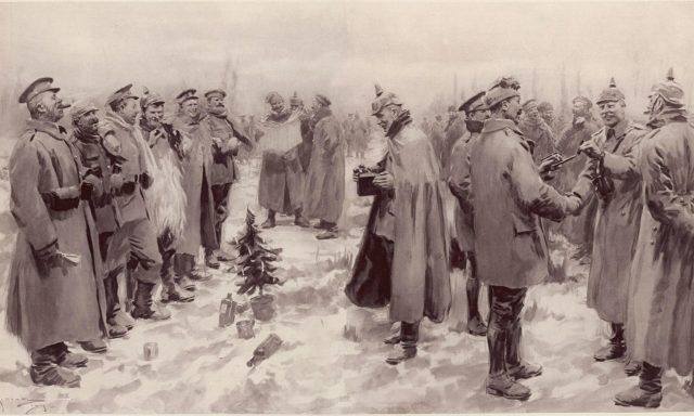 An artist's impression from The Illustrated London News of 9 January 1915: "British and German Soldiers Arm-in-Arm Exchanging Headgear: A Christmas Truce between Opposing Trenches"