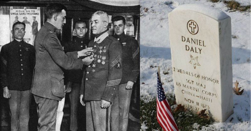 Left: Daly being awarded the Médaille Militaire. Right: Daly's Tombstone at Cypress Hills National Cemetery in New York City. K72ndst - CC-BY 3.0