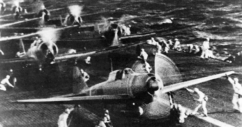 Japanese naval aircraft prepare to take off from an aircraft carrier to attack Pearl Harbor during the morning of 7 December 1941.