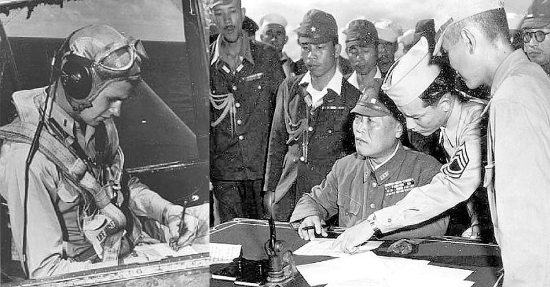 Left: George H W Bush in his TBM Avenger on the USS San Jacinto in 1944, Right: Tachibana prepares to sign documents surrendering the Bonin Islands