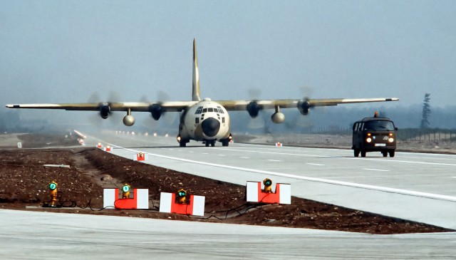 C-130 Hercules aircraft on taxidrive on the autobahn A29 near city of Ahlhorn during NATO-exercise "Highway 84".