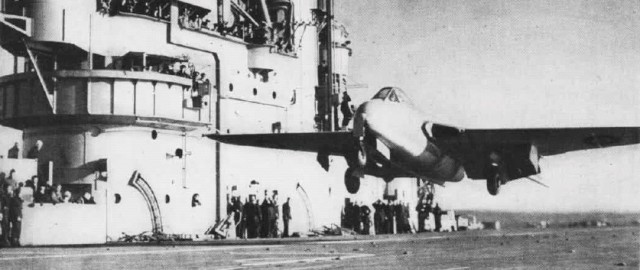 Brown landing in a jet aircraft on the HMS Ocean in December of 1945 via commons.wikimedia.org