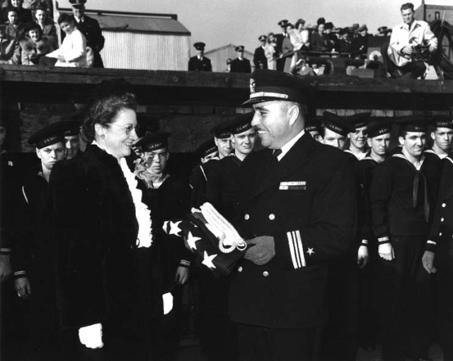 Commander Ernest Edwin Evans on 27 October 1943 at the commissioning ceremonies of the USS Johnston in Seattle, Washington