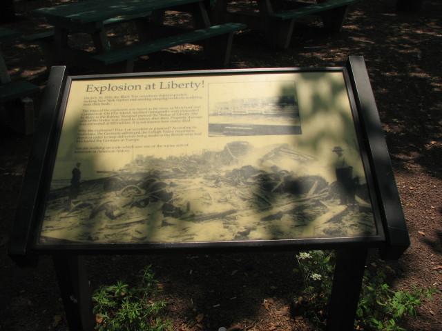 https://en.wikipedia.org/wiki/Black_Tom_explosion This Black Tom Explosion commemorative plaque in Liberty State Park is the only reminder of the incident
