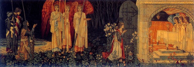 The Grail Tapestry at the Birmingham Museum and Art Gallery. Woven by Morris & Co., it depicts Galahad, Bors, and Percival kneeling before the Holy Grail