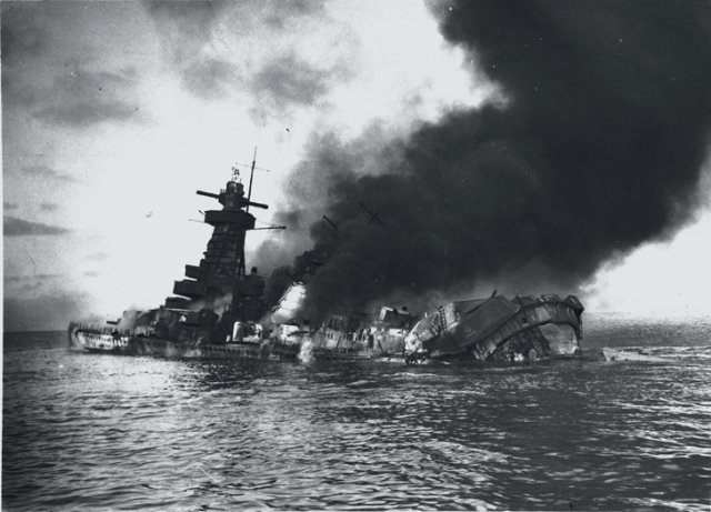 The Admiral Graf Spee being scuttled on Langsdorff's orders on 18 December 1939
