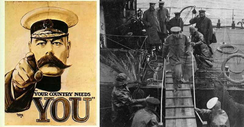 (Right) Lord Kitchener boarding HMS Iron Duke en route to his final voyage.