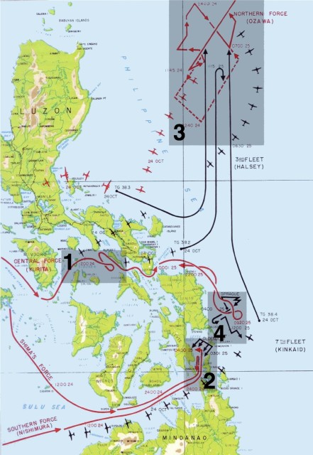 The four actions at the Battle of Leyte Gulf: (1) Battle of the Sibuyan Sea, (2) Battle of Surigao Strait, (3) Battle of Cape Engaño, and the (4) Battle off Samar, where the Johnston sank 