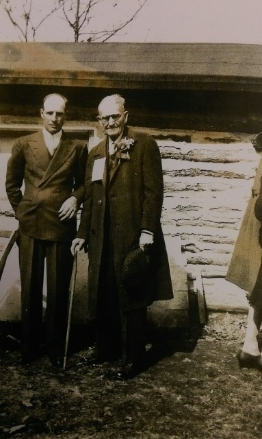 Loesch, left, is pictured during his 100th birthday celebration in March 1943 with one of his many relatives, Joe Erhart. Courtesy of Phyllis Erhart