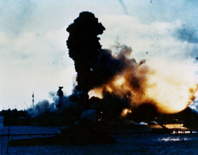 The USS Arizona explodes in Pearl Harbor via commons.wikimedia.org