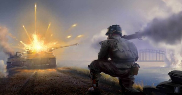Artist impression of Towle firing his bazooka. In real life the German Tanks did not come from the direction of the Bridges, they were attacking towards them. Image source: cmohs.org