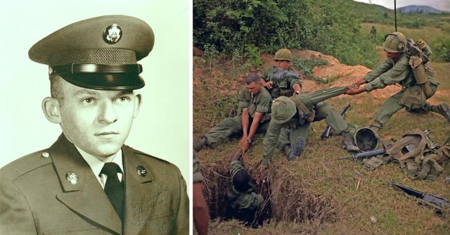 Left, Kennith Ritchie, Right, An infantryman is lowered into a tunnel by members of the reconnaissance platoon. 24 April 1967