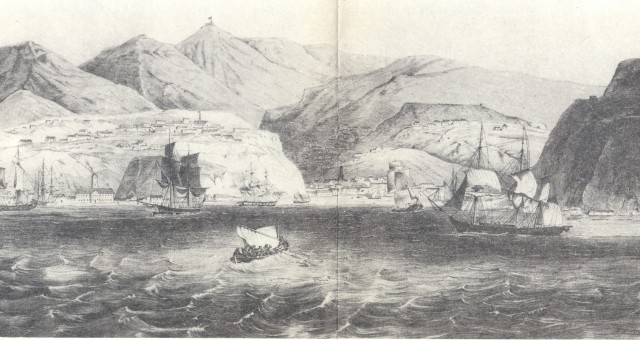 Valparaíso did grow quickly and is shown in this drawing done in 1830, but much of that growth started well after the events of the movie, and any residents there would have worked to recapture the French ship.