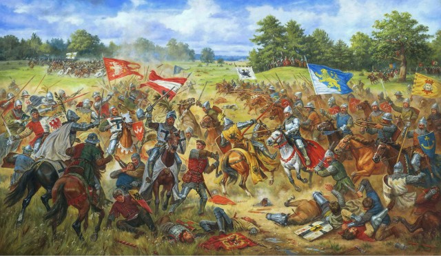 scene of the battle showing the many standards and the mix of heavy and lighter armed troops