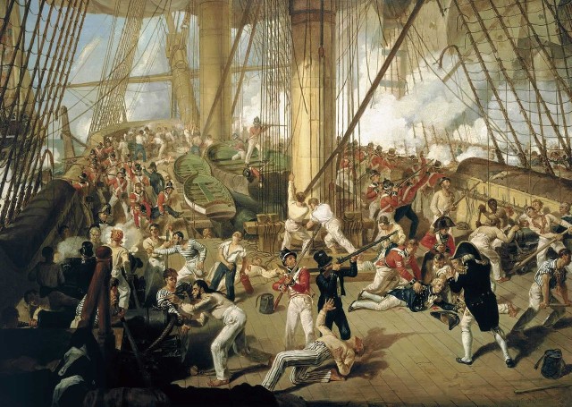 Nelson shot on the quarterdeck, painting by Denis Dighton, 1825. Public domain from Wikipedia