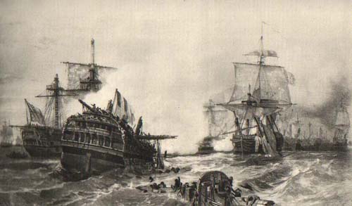 The dismasted ship Vengeur du Peuple in the aftermath of battle. Lithograph after Auguste Mayer.