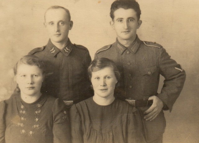 Hugo Ehrlich (standing, left) was conscripted by the German army during WWII and was later taken as a POW by American forces. He is pictured with his wife, Hedwig (sitting, left); his brother-in-law, Adam Scheffler and Scheffler’s wife (and Hedwig’s sister) Alice. Courtesy of Inge Ehrlich Gauck