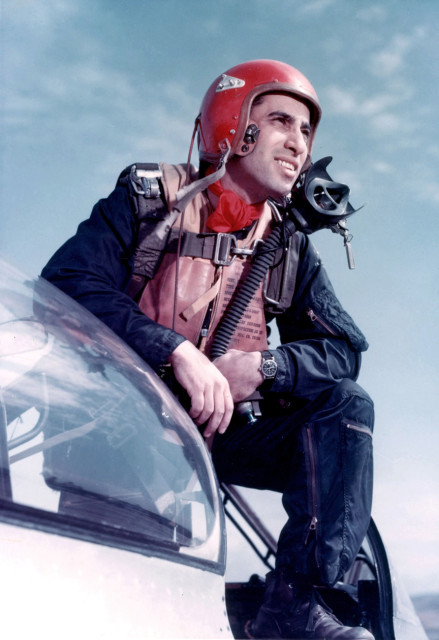 #K6896 Major James Jabara, 835 So Dellrose Str., Whichita, Kansas of the 4th Fighter Interceptor Wing, who became the 1st jet ace of the Korean Conflict on 20 May 1951, is shown standing in the cockpit of his F-86 "Sabre" jet in full combat fluing gear. April, 1953 (U.S. Air Force Photo)
