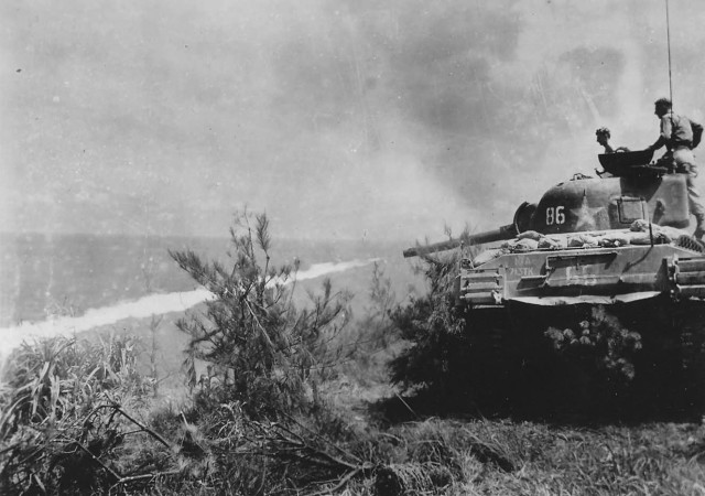 M4_Sherman_Tank_86_Blasts_Flame_thrower_Japanese_Cave_Okinawa_1945