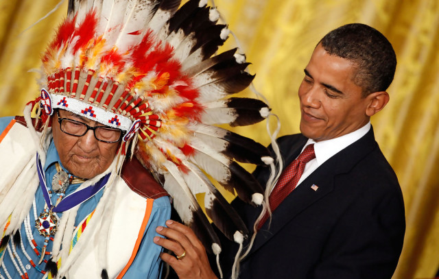US President Barack Obama presenting Dr. Medicine Crow with the Presidential Medal of Freedom in Washington, DC in 2009