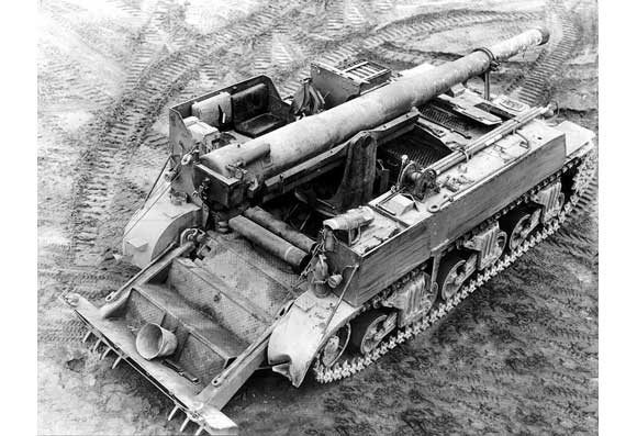 An overhead view over the right side shows typical stowage. This picture was from a series of photos taken in 1943 during a demonstration of the M12 and M30 for the Field Artillery Board.