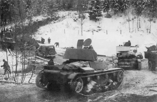 Soviet T-26 light tanks of the Soviet 7th Army during its advance on the Karelian Isthmus