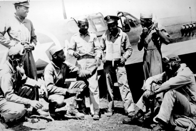 Tuskegee Airmen gathered at a U.S. base after a mission in the Mediterranean theater