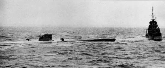 The U110 being captured by the HMS Bulldog, the HMS Broadway, and the HMS Arbetia in May 1941 with its Engima machine intact