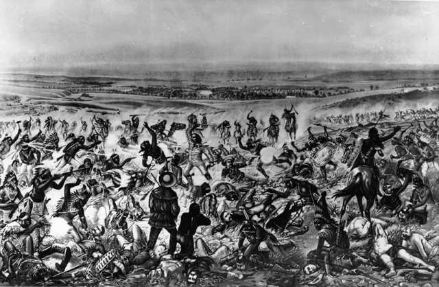An illustration of Custer's last stand feature Custer himself in the center