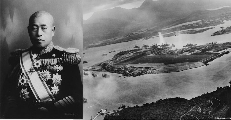 Left Admiral Isoroku Yamamoto, Right: view from a Japanese plane during the Pearl Harbor attack.