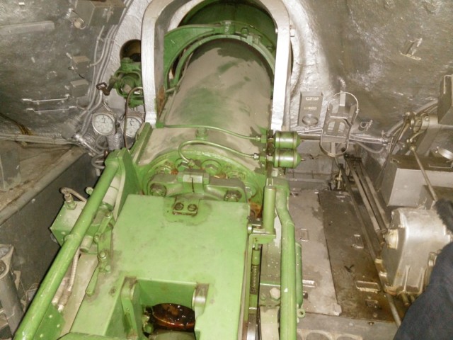 View of the Tortoise heavy tank's gun from inside the cabin.