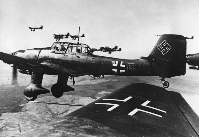 A formation of German Ju 87 Stuka dive bombers are flying over an unknown location, in this May 29, 1940 photo.
