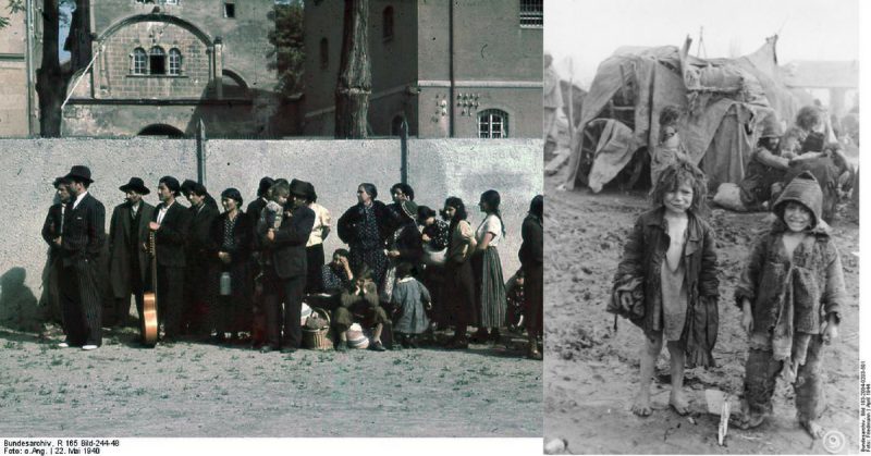Left: Romani civilians in Asperg, Germany are rounded up for deportation by German authorities on 22 May 1940. <a href=