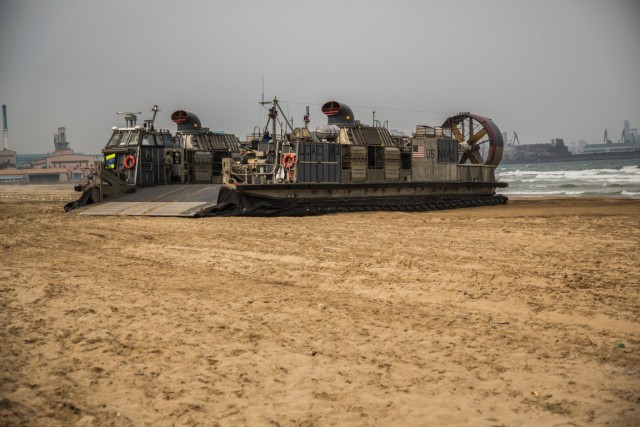 A U.S. Navy Landing Craft Air Cushion with the Boxer Amphibious Ready Group lands on South Korea during Ssang Yong 16, March 14, 2016. Ssang Yong 16 is a biennial combined amphibious exercise conducted by forward-deployed U.S. forces with the Republic of Korea Navy and Marine Corps, Australian Army and Royal New Zealand Army Forces in order to strengthen our interoperability and working relationships across a wide range of military operations - from disaster relief to complex expeditionary operations. (U.S. Marine Corps photo by Sgt. Tyler C. Gregory/released)