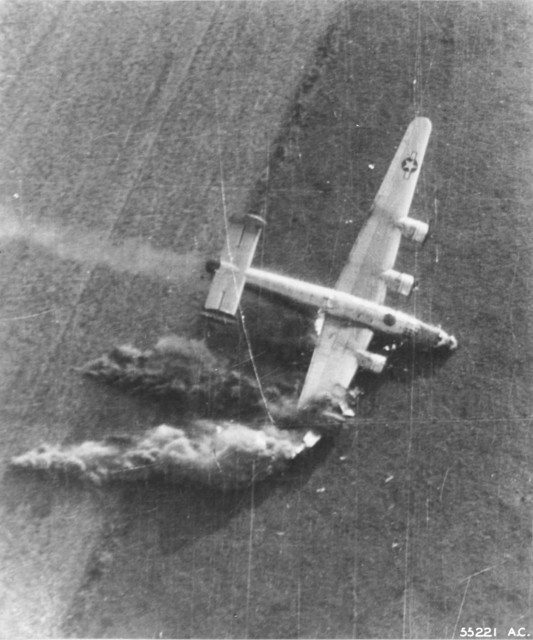 B-24J Liberator of the 854th Bomb Squadron after being hit by light-flak during low-level supply drop for the 82nd and 101st Airborne near Eindhoven, Holland and driven into the ground, Sep 18 1944.