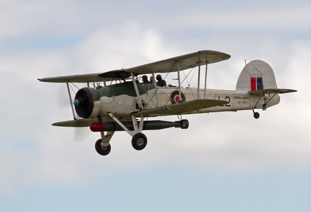 The Fairey Swordfish biplane torpedo bomber LS326 built in 1934. It has been refurbished and was photographed in flight on 1 July 2012 