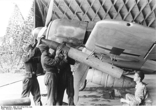 An Fw 190A arming-up with a BR 21 unguided rocket projectile