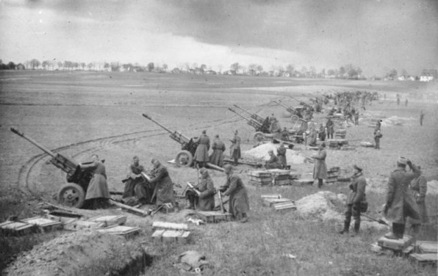 Soviet artillery bombarding German positions during the battle of the Seelowe Heights