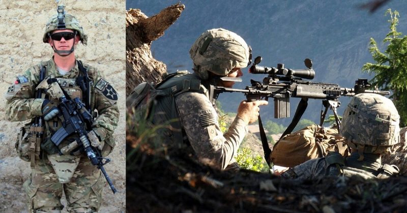 Left image: Staff Sgt. Ty M. Carter, with A Troop, 8-1 Cavalry, 2nd Stryker Brigade Combat Team, 2nd Infantry Division. Right image: Spc. Ty M. Carter and Spc. Jonathan Adams, the Blue Platoon forward observer.