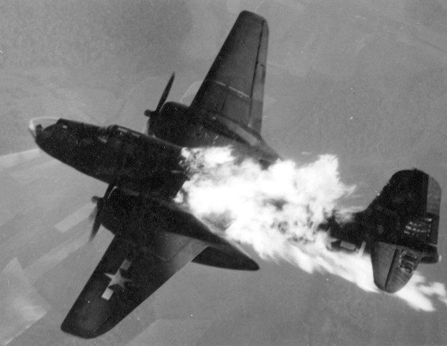 Douglas A-20J-10-DO (S/N 43-10129) of the 409th or 416th Bomb Group after being hit by flak over Germany. (U.S. Air Force photo)