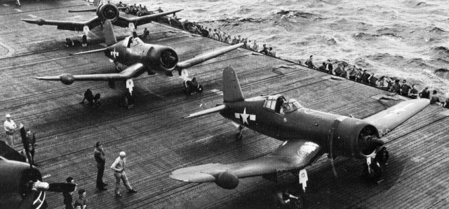 F4U-2s aboard USS Intrepid (CV-11). The radome on the starboard outer wing is just visible.