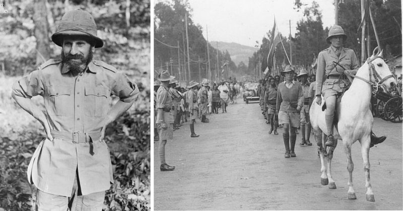 Left: Orde Wingate in 1943 after returning from operations in Burma, Right: Wingate riding his horse in Addis Ababa