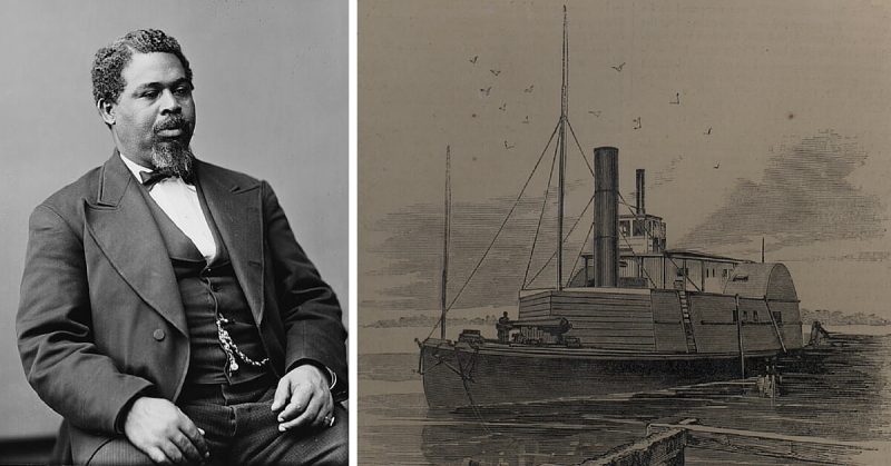 Left: Robert Smalls, S.C. M.C. Born in Beaufort, SC, April 1839. Right: The gunboat "Planter," run out of Charleston by Robert Smalls in May 1862. 