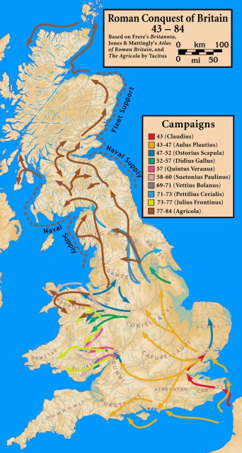 The path of the Roman advance into Ancient Britain (Wikipedia)