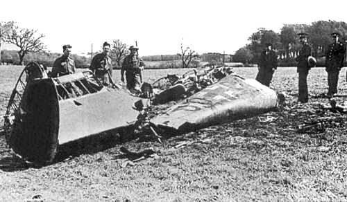 Wreckage of Hess's plane, Me 110, several hours after the crash