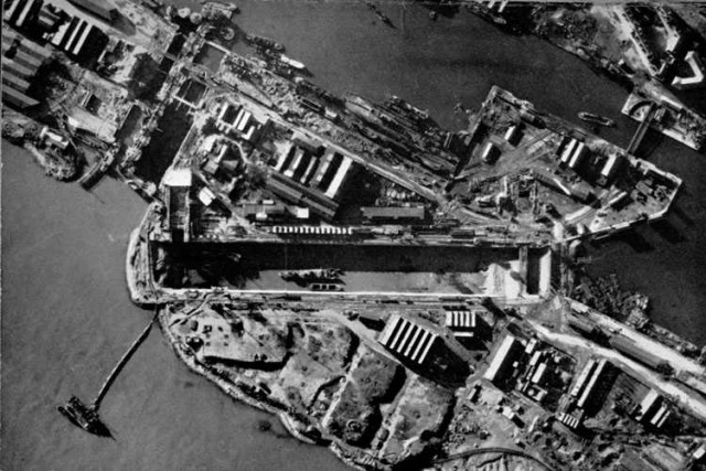 The Normandie Dock months after the raid. The wreck of HMS Campbeltown can be seen inside the dry dock.