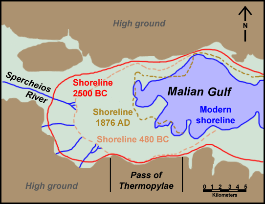 A helpful graphic showing the changing shoreling at Thermopylae. it's easy to see why it was such a popular point to defend mainland Greece.