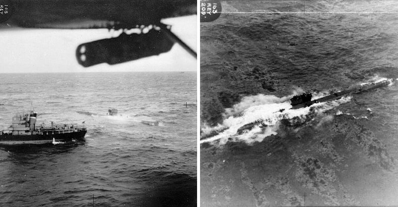 Left: The RAF Catalina taking a picture of teh U570 surrendering to a British Royal Navy ship on 27 August 1941.  Right: A closer view of the crew of U 570 crammed into the conning tower as fuel is pumped overboard to maintain buoyancy. 